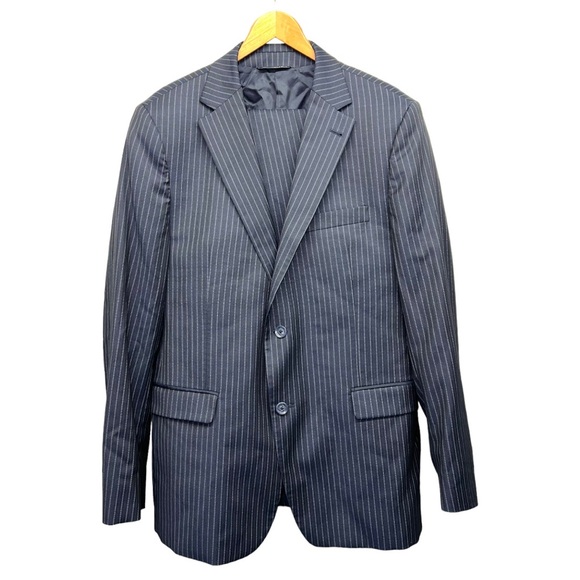 Jason Barbaro Suit Men’s Size 42 Regular 37x35 Blue White Pinstripes 100% Wool - Picture 1 of 13